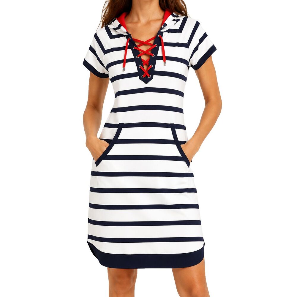 Lauren Ralph Lauren Size M Nautical Striped Hooded Dress Lace Up Navy White
